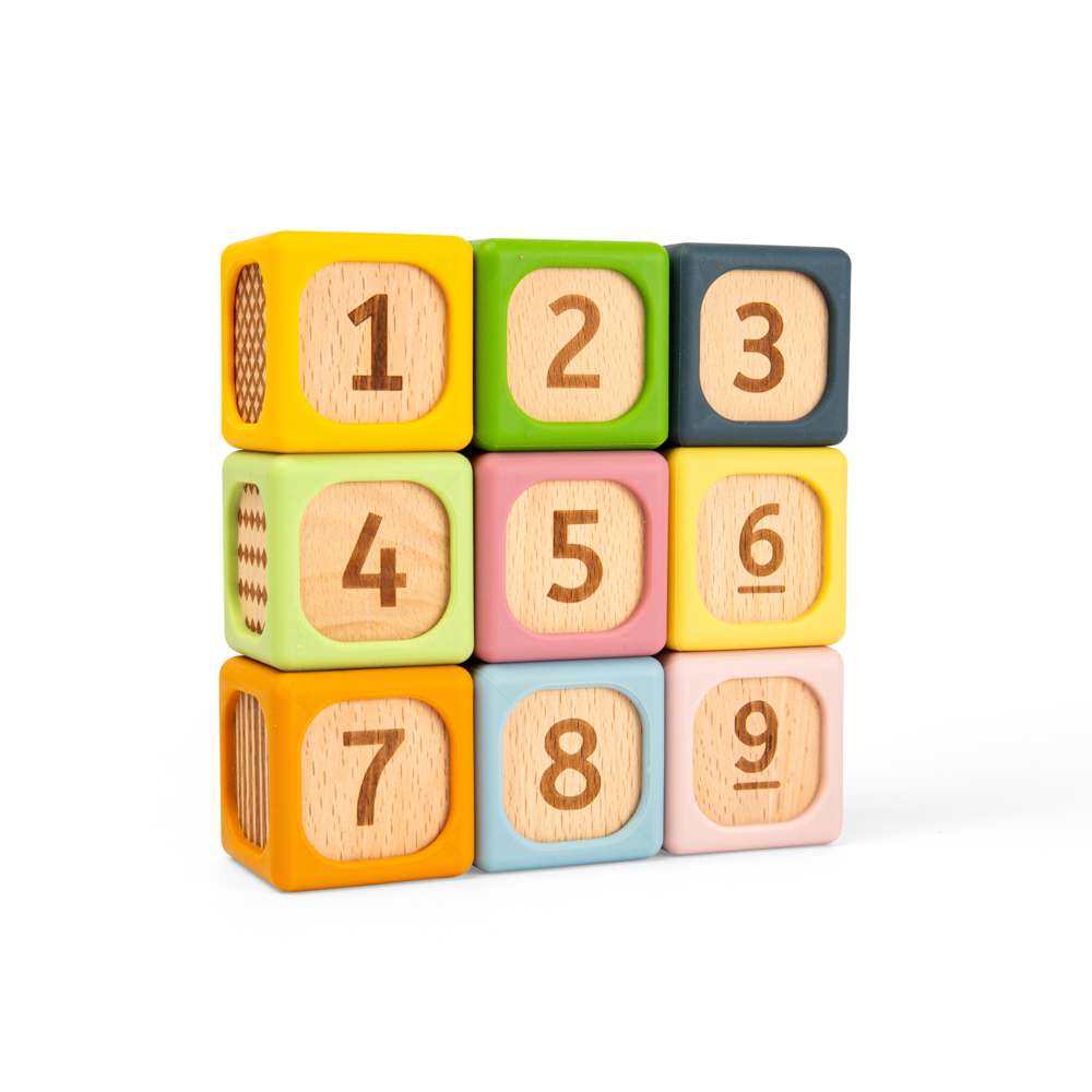 Bigjigs Toys Wooden and Silicone Soft Sorting Blocks Baby Stacking Toy 9 Pieces 6 Months Plus