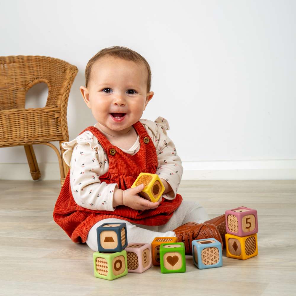 Bigjigs Toys Wooden and Silicone Soft Sorting Blocks Baby Stacking Toy 9 Pieces 6 Months Plus