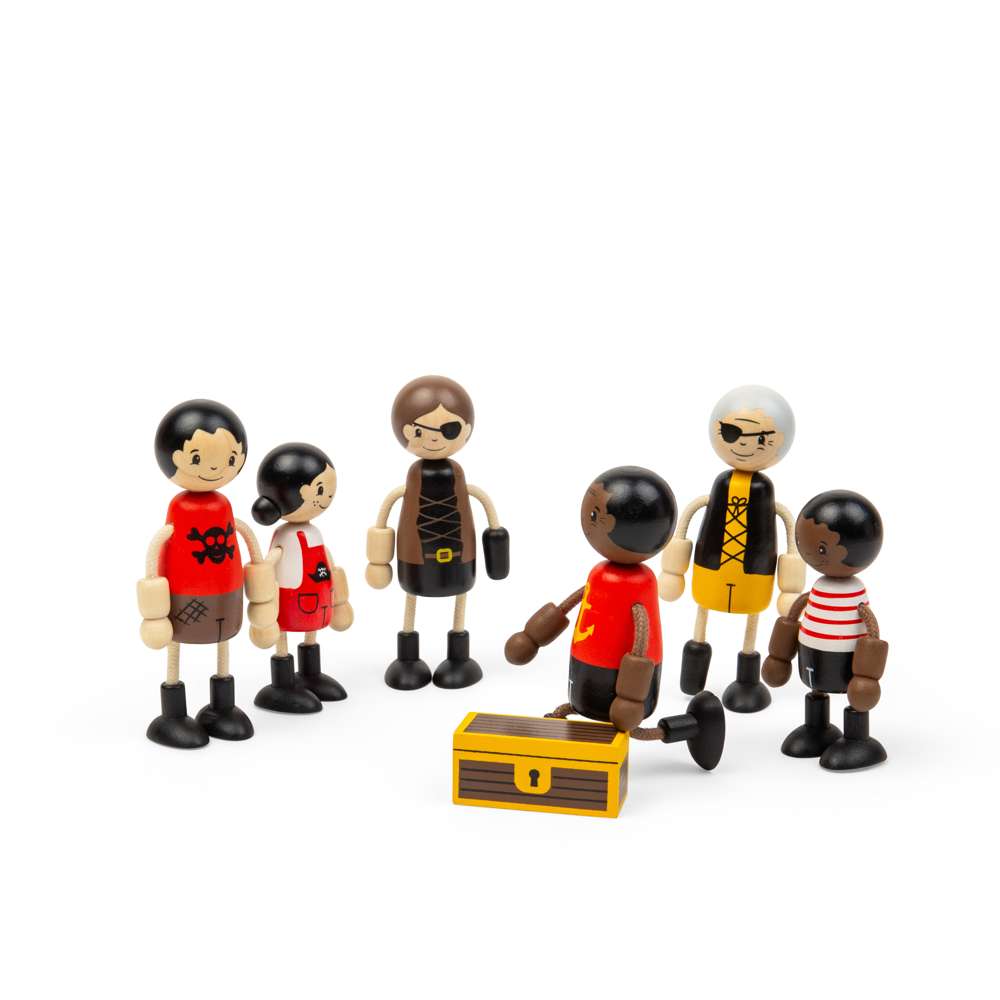 Bigjigs Toys Wooden Pirate Dolls Playset with 6 Poseable Figures and Treasure Chest