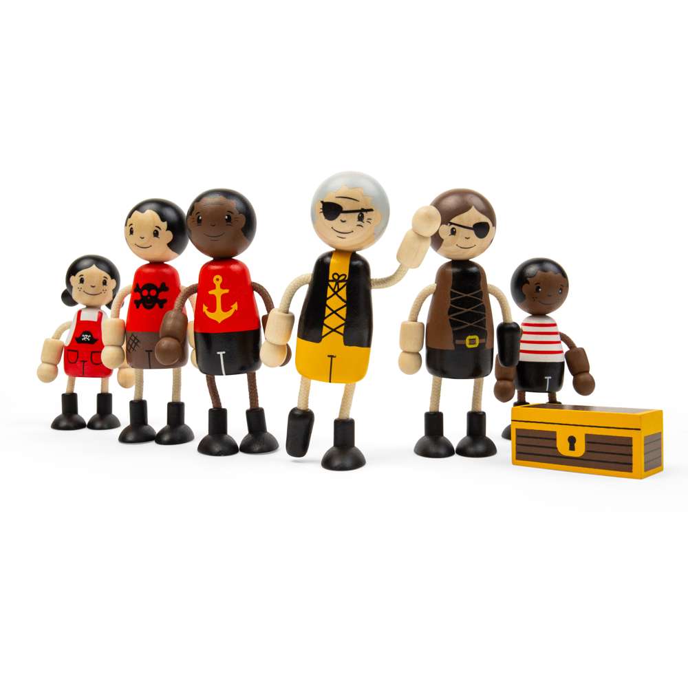 Bigjigs Toys Wooden Pirate Dolls Playset with 6 Poseable Figures and Treasure Chest