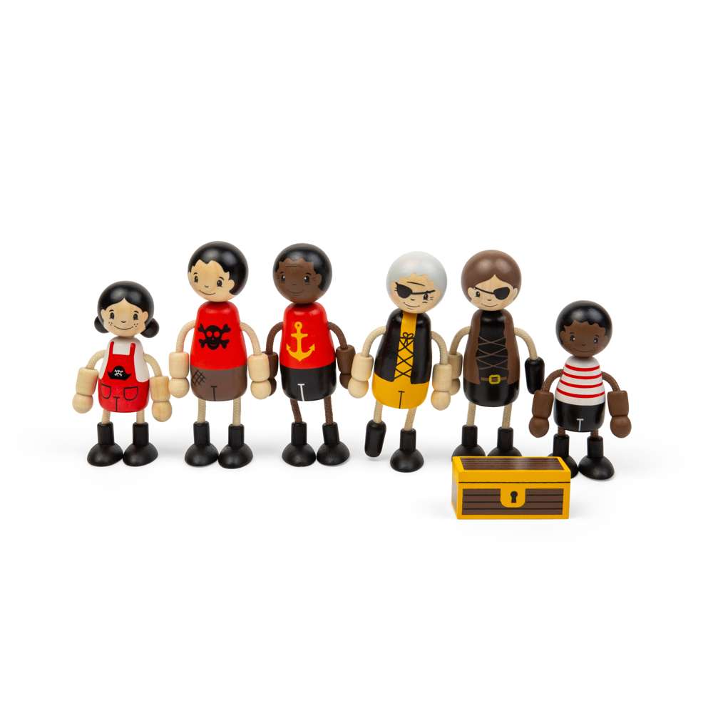 Bigjigs Toys Wooden Pirate Dolls Playset with 6 Poseable Figures and Treasure Chest