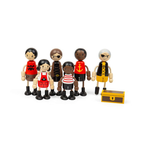 Bigjigs Toys Wooden Pirate Dolls Playset with 6 Poseable Figures and Treasure Chest