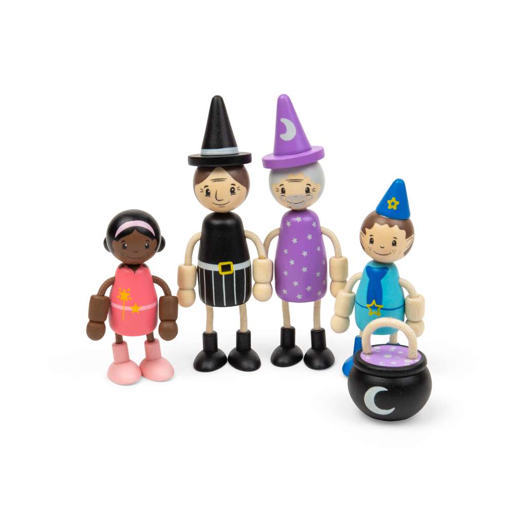 Bigjigs Toys Wooden Fairytale Dolls Playset with 4 Posable Figures and Cauldron Accessory