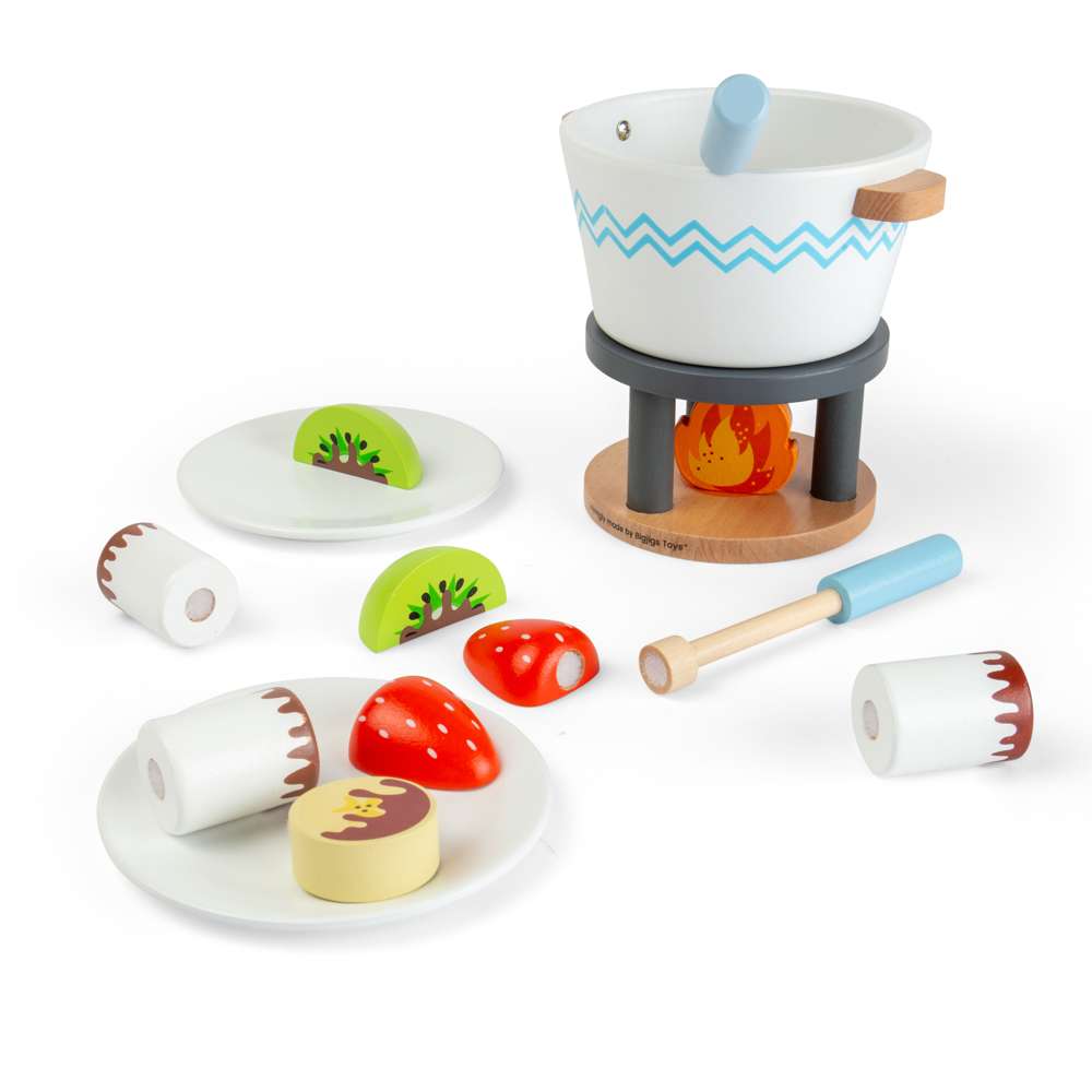 Bigjigs Toys Wooden Chocolate Pot For Two Toy Food Set with 16 Play Pieces