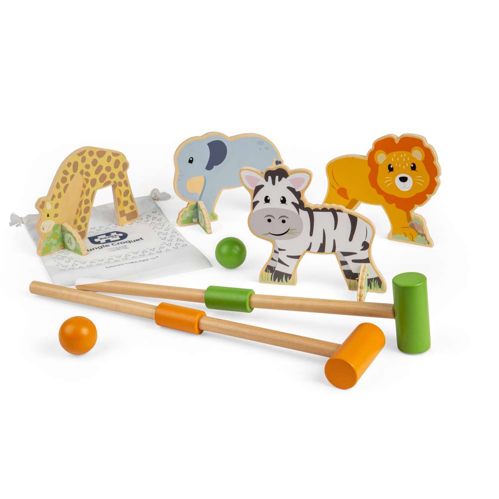 Bigjigs Toys Jungle Croquet Set Wooden Animal Garden Game for Kids 10 Pieces