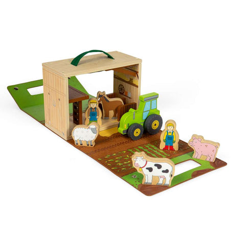 Bigjigs Toys Farm On The Go Wooden Travel Playset with Tractor and Animals 8 Pieces