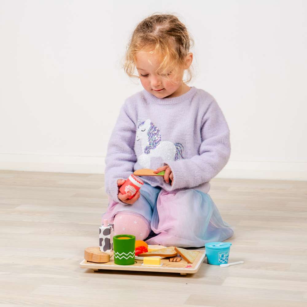 Bigjigs Toys Wooden Breakfast in Bed Tray Set with 28 Play Food Pieces