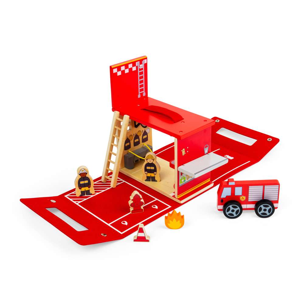 Bigjigs Toys Wooden Fire Station On The Go Portable Travel Playset with 8 Pieces