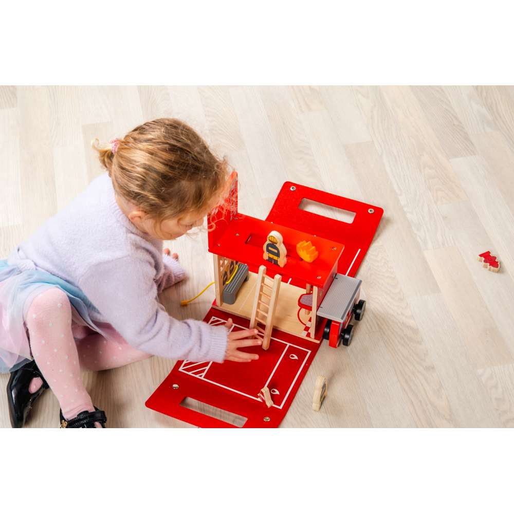 Bigjigs Toys Wooden Fire Station On The Go Portable Travel Playset with 8 Pieces