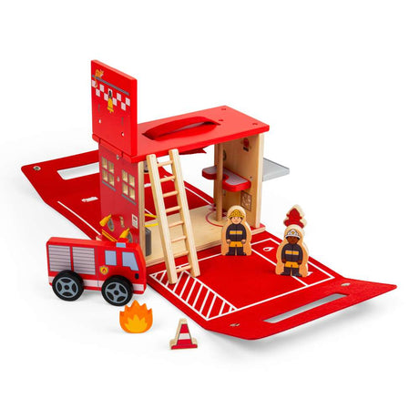 Bigjigs Toys Wooden Fire Station On The Go Portable Travel Playset with 8 Pieces