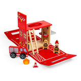 Bigjigs Toys Wooden Fire Station On The Go Portable Travel Playset with 8 Pieces