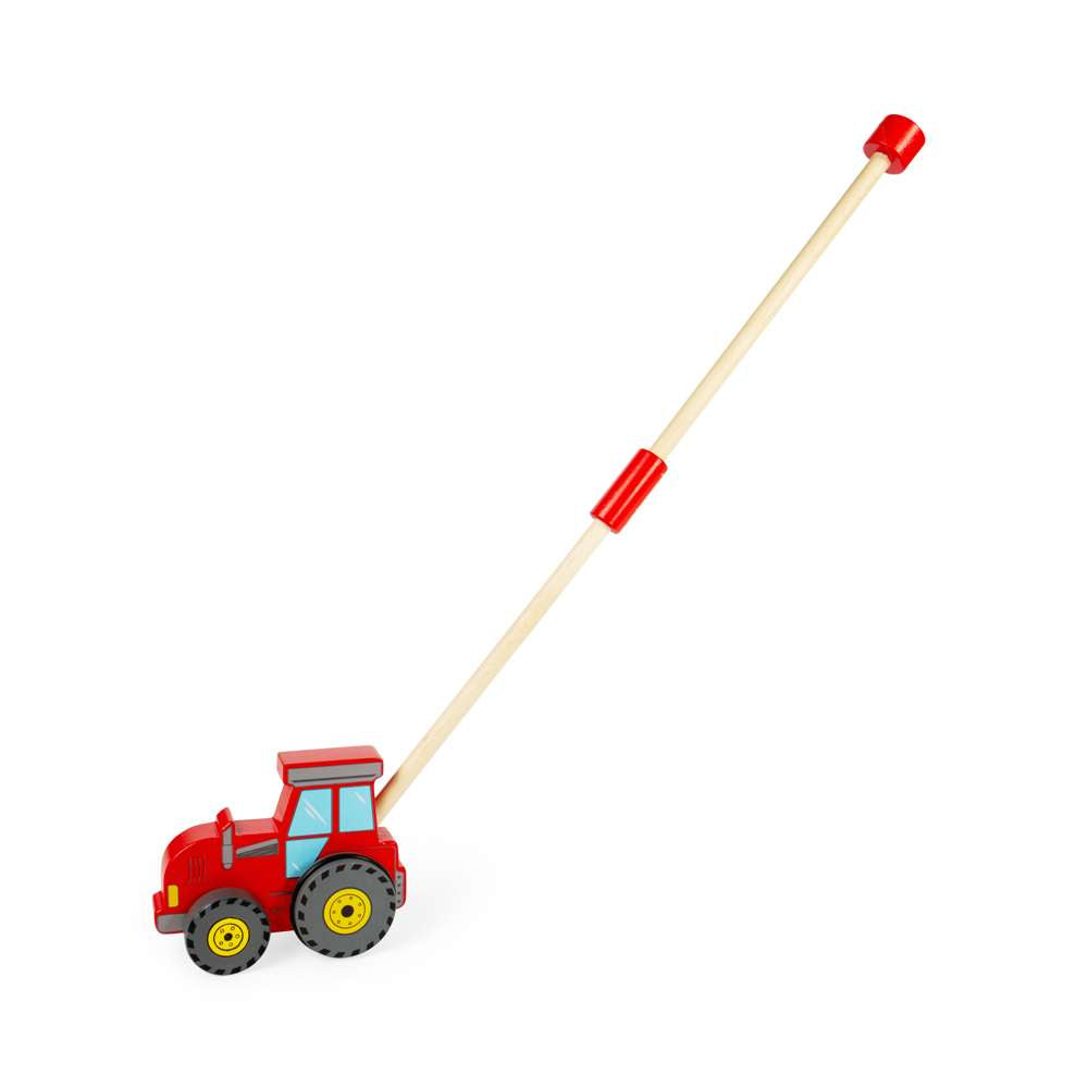Bigjigs Toys Wooden Tractor Push Along Toy with Collapsible Handle for Toddlers 12 Months Plus