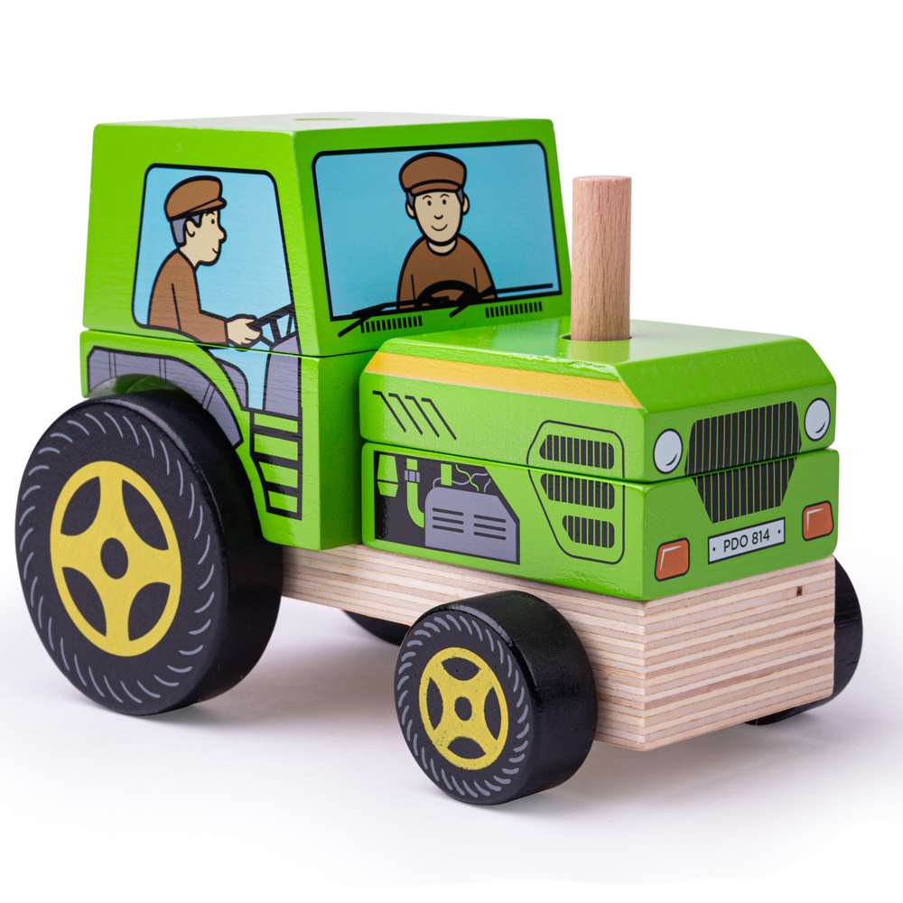 Bigjigs Baby Wooden Stacking Tractor Push Along Toy for Toddlers 12 Months Plus