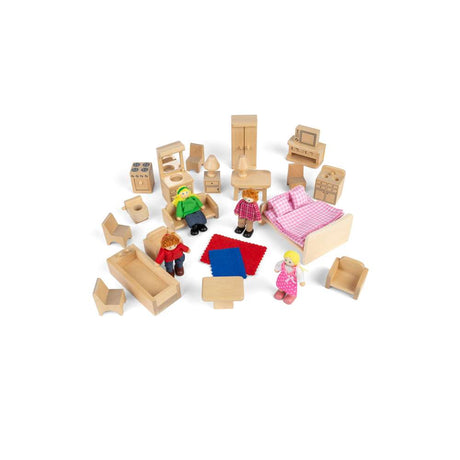 Bigjigs Toys Wooden Doll House Furniture Set with Doll Family 26 Pieces