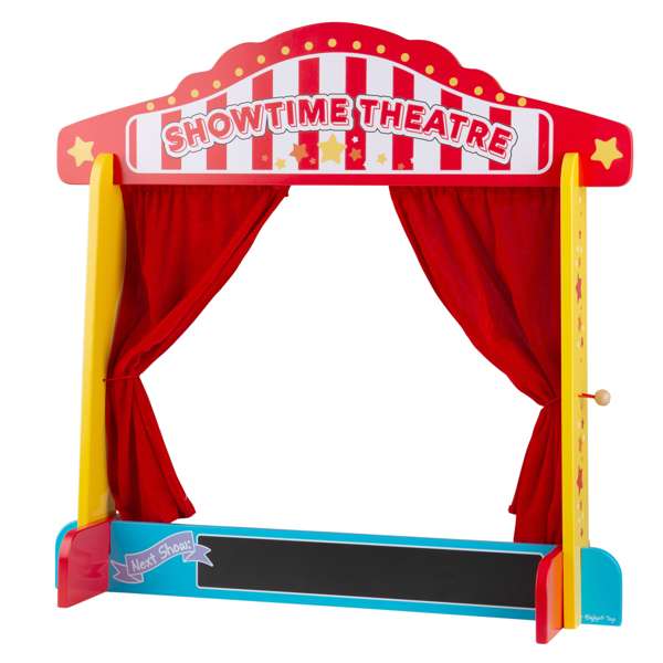 Bigjigs Toys Showtime Wooden Puppet Theatre with Chalkboard and Curtains