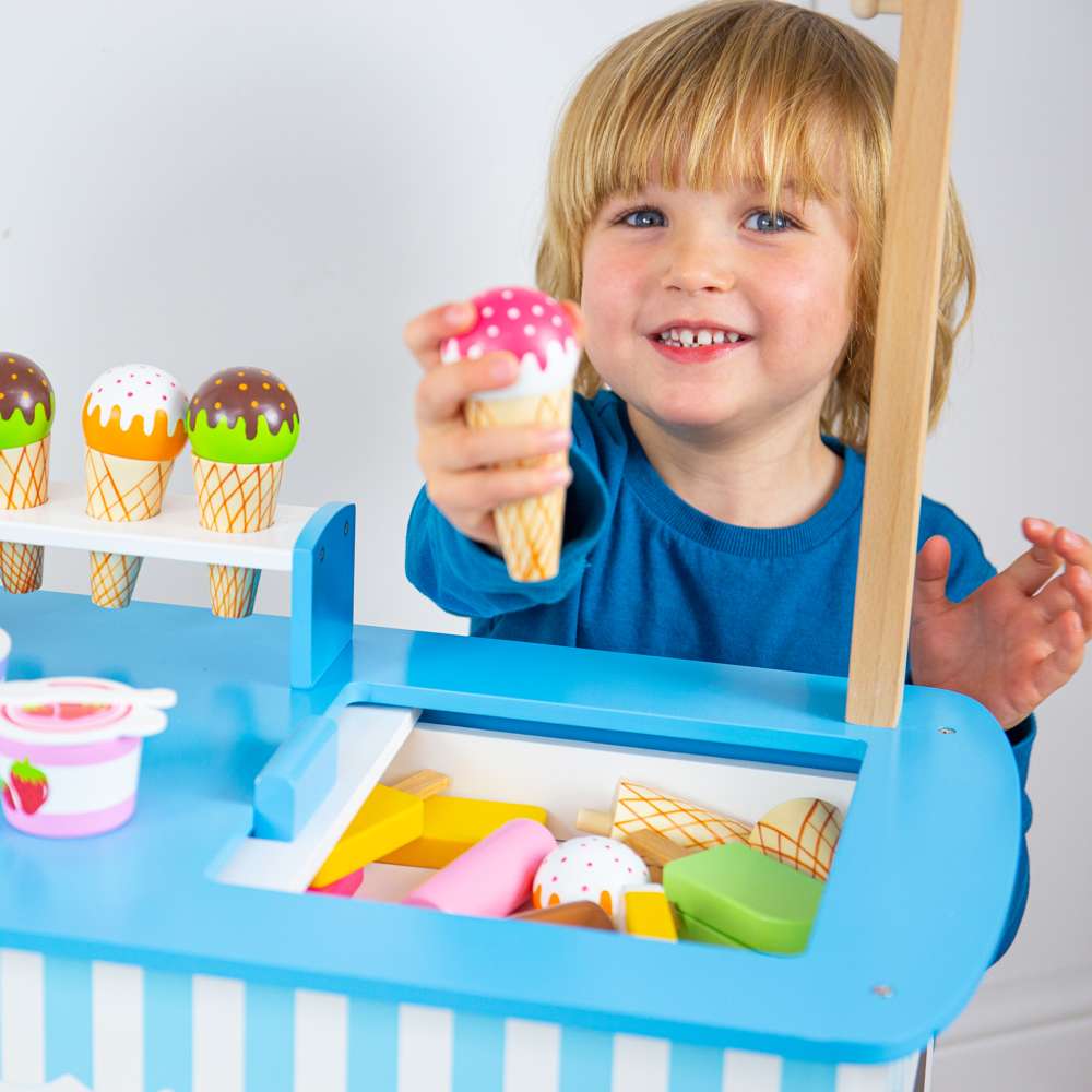 Bigjigs Toys Wooden Ice Cream Cart Pretend Play Set with 18 Accessories 3 Years Plus