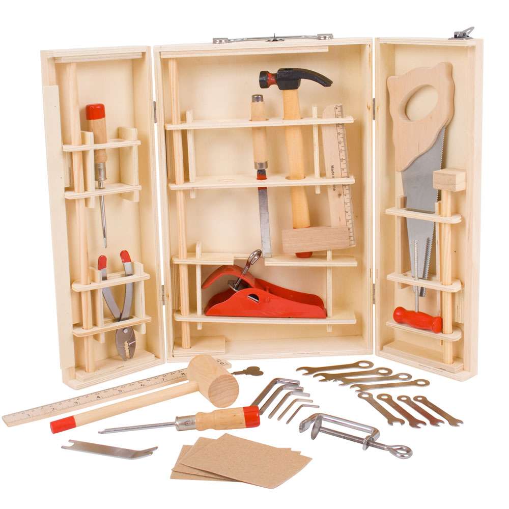 Bigjigs Toys Junior Kids Wooden Tool Box with 28 Functional Tools and Carry Case
