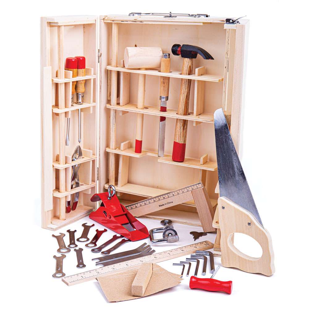 Bigjigs Toys Junior Kids Wooden Tool Box with 28 Functional Tools and Carry Case