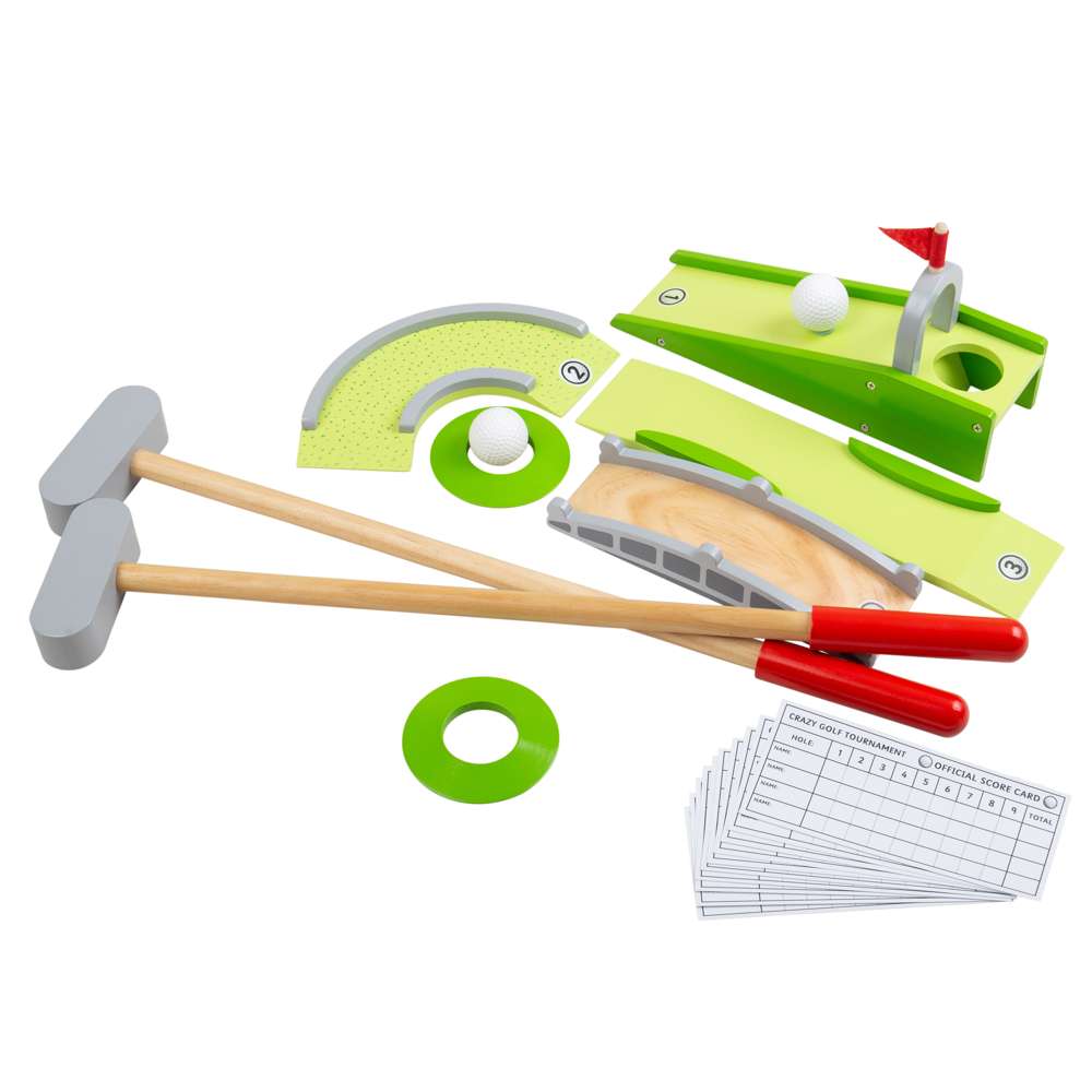 Bigjigs Toys Wooden Crazy Golf Set Kids Outdoor Sports Game with 11 Play Pieces
