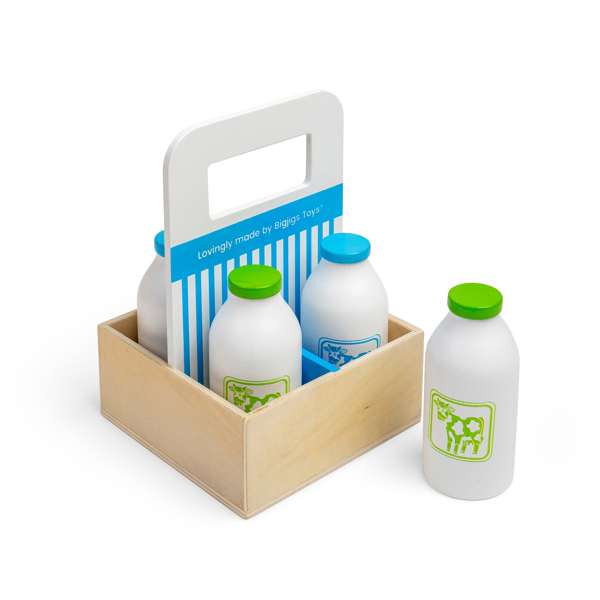 Bigjigs Toys Wooden Milkman Delivery Set in Crate with 6 Pieces