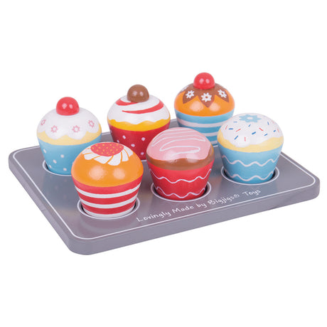 Bigjigs Toys Wooden Muffin Tray with Six Individually Decorated Play Food Muffins