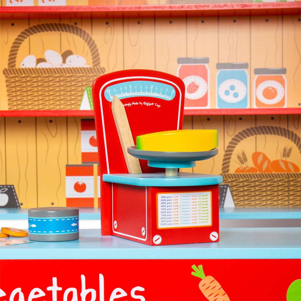 Bigjigs Toys Wooden Kitchen Scales Toy for Kids Play Shop and Kitchen Role Play