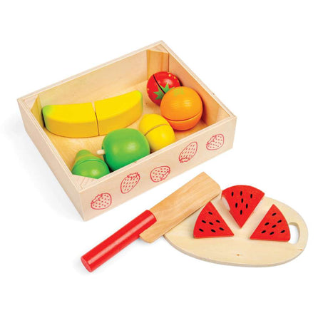 Bigjigs Toys Wooden Cutting Fruit Crate Play Food Set with Knife and Board 9 Pieces