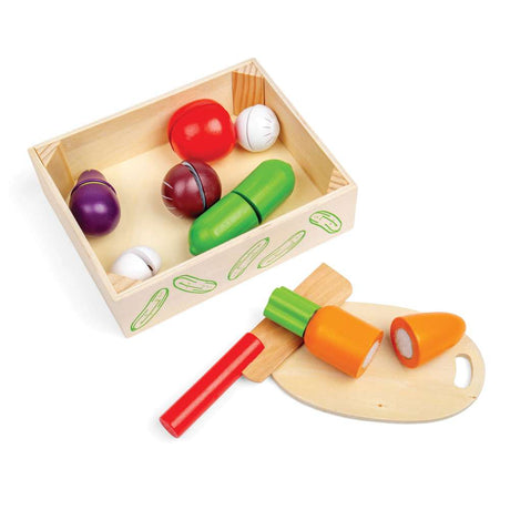 Bigjigs Toys Wooden Cutting Vegetables Crate with Chopping Board and Knife Play Food Set