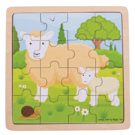 Bigjigs Toys Sheep and Lamb Wooden Shape Matching Puzzle 16 Pieces
