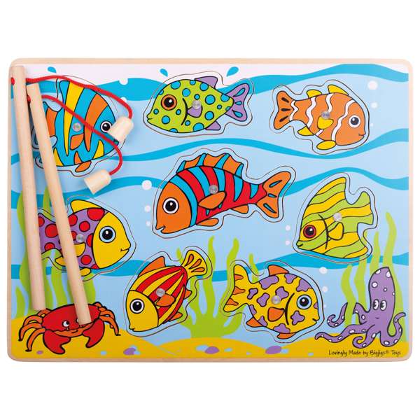 Bigjigs Toys Wooden Magnetic Fishing Game Board with 10 Play Pieces