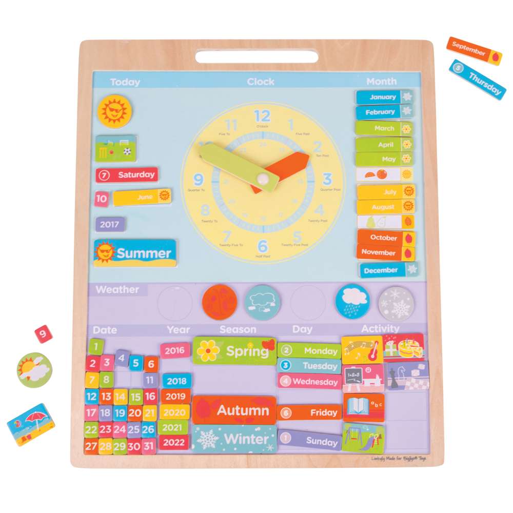 Bigjigs Toys Magnetic Weather Board Educational Calendar Clock Toy with 73 Pieces