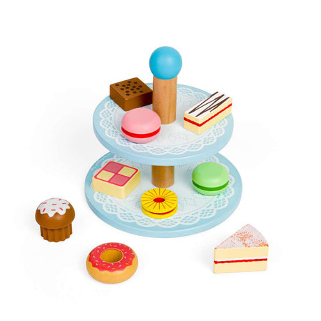 Bigjigs Toys Wooden Two Tier Cake Stand with 9 Play Food Cakes 18 Months Plus
