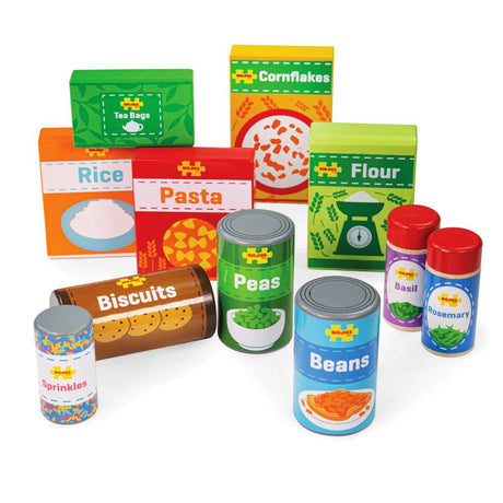 Bigjigs Toys Wooden Cupboard Groceries Play Food Set for Kids Kitchen and Shop Toys