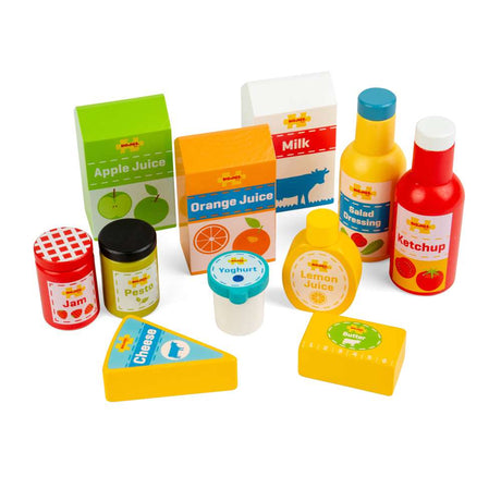 Bigjigs Toys Wooden Chilled Groceries Play Food Set for Kids Kitchen and Shop Play