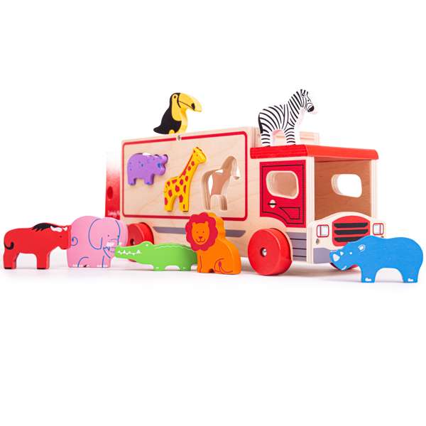Bigjigs Toys Safari Sorting Lorry Wooden Shape Sorter Toy with 9 Animals for Toddlers 18 Months Plus