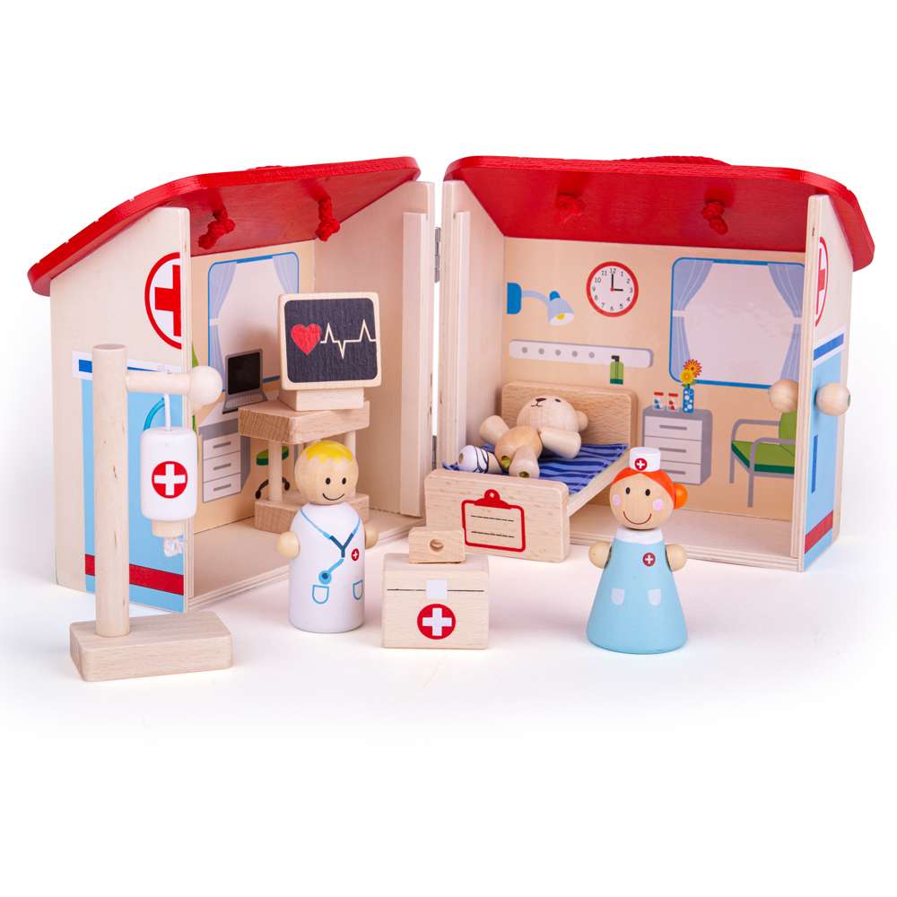 Bigjigs Toys Wooden Mini Hospital Playset with 9 Play Pieces for Ages 3 Plus
