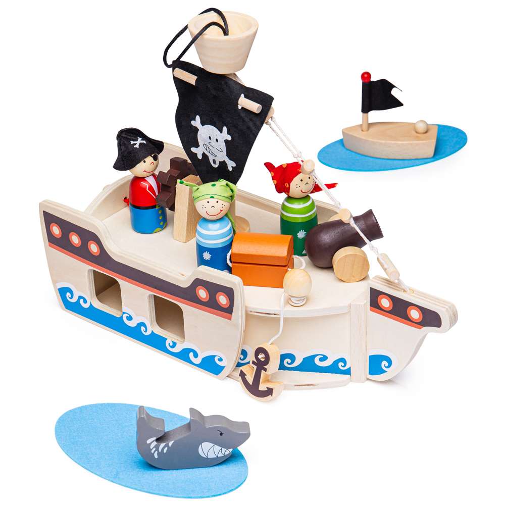 Bigjigs Toys Mini Pirate Ship Wooden Toy Playset 10 Pieces