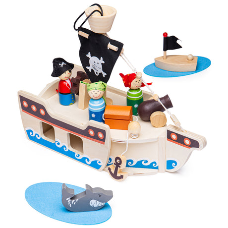 Bigjigs Toys Mini Pirate Ship Wooden Toy Playset 10 Pieces