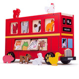 Bigjigs Toys Wooden Red Shape Sorter Bus with 21 Animal Play Pieces