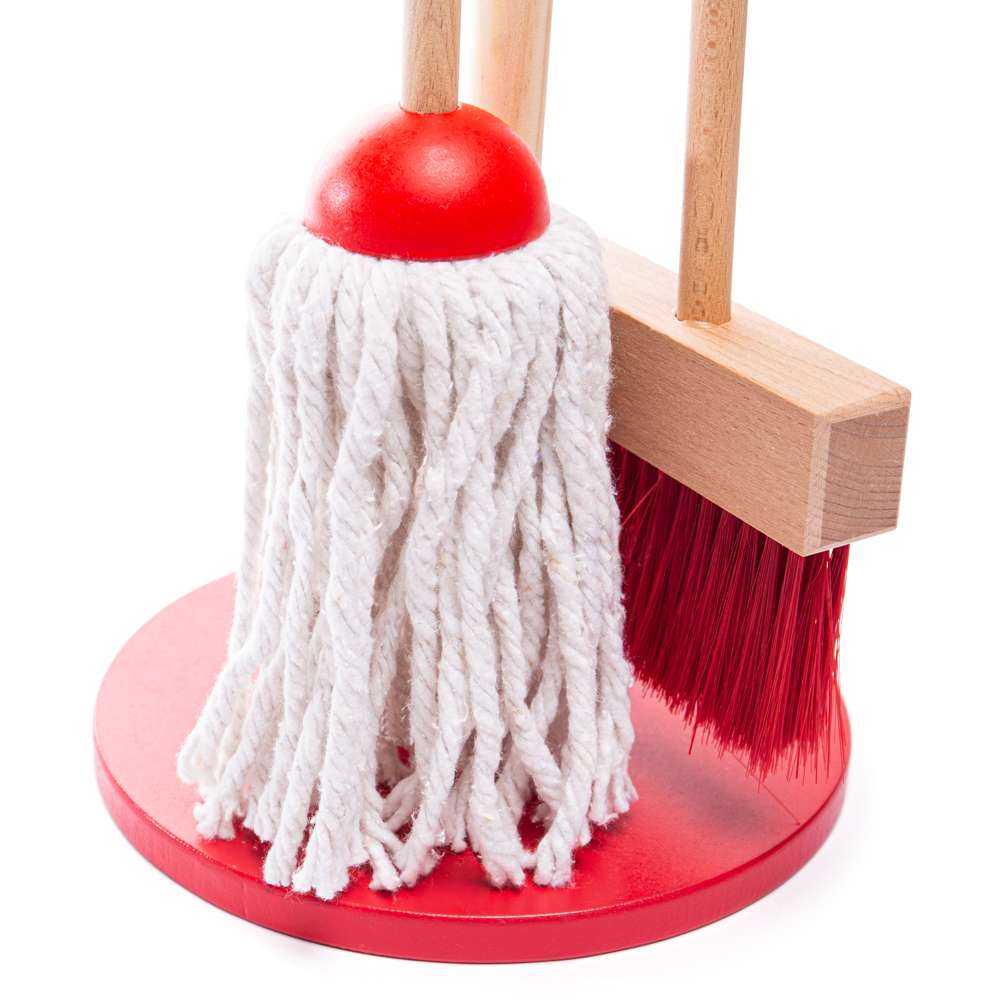 Bigjigs Toys Kids Wooden Cleaning Set Red 5 Pieces include Mop Broom Dustpan Brush and Stand