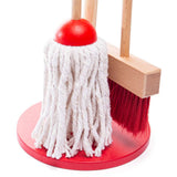 Bigjigs Toys Kids Wooden Cleaning Set Red 5 Pieces include Mop Broom Dustpan Brush and Stand