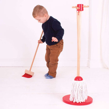Bigjigs Toys Kids Wooden Cleaning Set Red 5 Pieces include Mop Broom Dustpan Brush and Stand