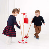 Bigjigs Toys Kids Wooden Cleaning Set Red 5 Pieces include Mop Broom Dustpan Brush and Stand