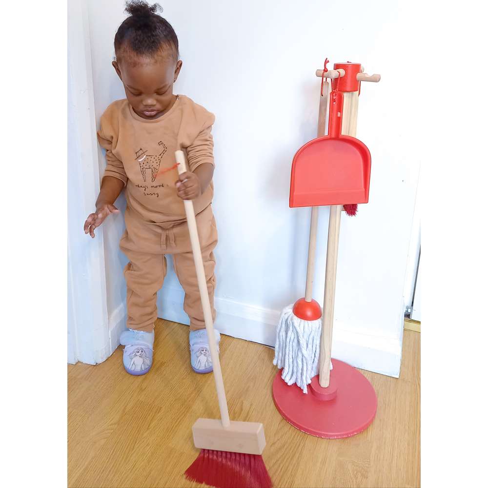 Bigjigs Toys Kids Wooden Cleaning Set Red 5 Pieces include Mop Broom Dustpan Brush and Stand