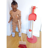 Bigjigs Toys Kids Wooden Cleaning Set Red 5 Pieces include Mop Broom Dustpan Brush and Stand
