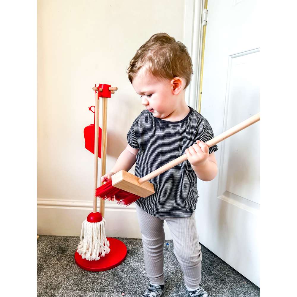 Bigjigs Toys Kids Wooden Cleaning Set Red 5 Pieces include Mop Broom Dustpan Brush and Stand