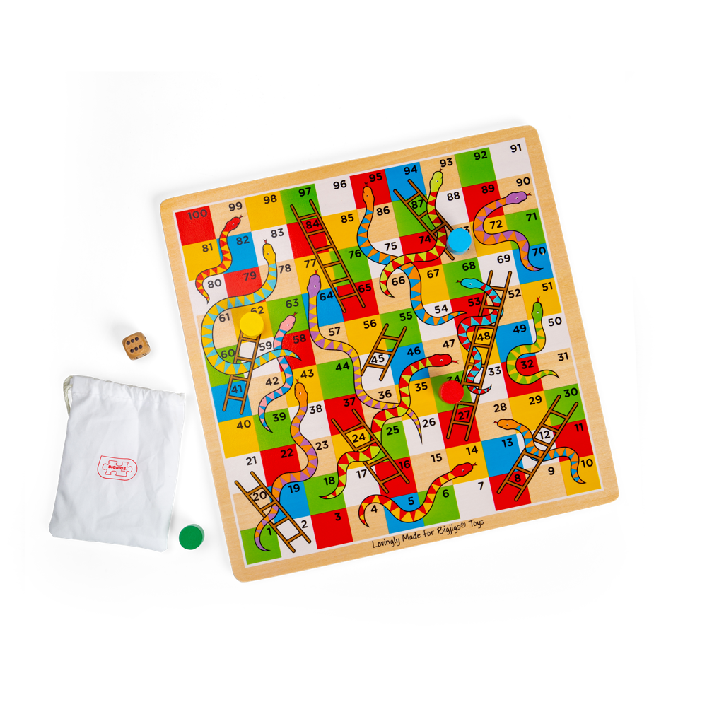 Bigjigs Toys Wooden Snakes and Ladders Traditional Family Board Game for Kids 3 Years Plus