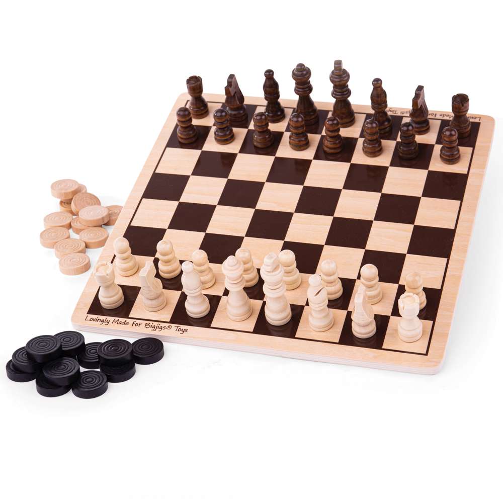 Bigjigs Toys Wooden Draughts and Chess Set Traditional Strategy Board Game for Kids 3 Years Plus