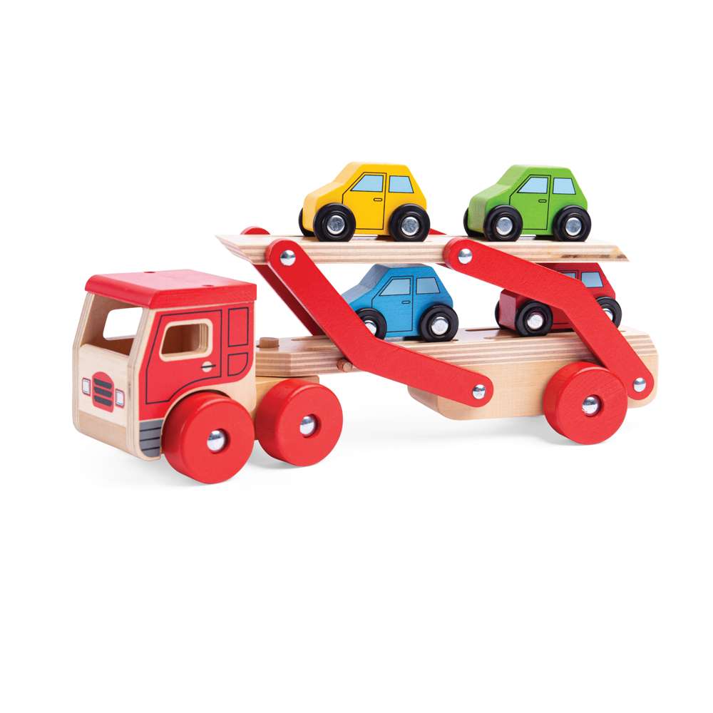 Bigjigs Toys Wooden Transporter Lorry with 4 Cars Toy for 12 Months Plus
