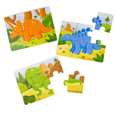 Bigjigs Toys Wooden Dinosaur Jigsaw Puzzles 6 Pieces Set of 3 for Age 2 Plus